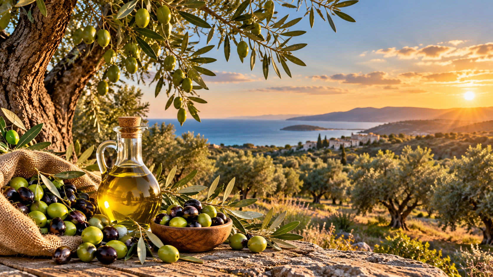 Artistic illustration of Mediterranean olive groves and olive oil